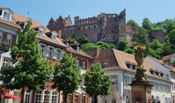 Scenic view of Heidelberg, Germany with historic architecture and hillside backdrop.