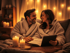 Romantic couple enjoying a cozy evening by candlelight, symbolizing intimacy and connection.