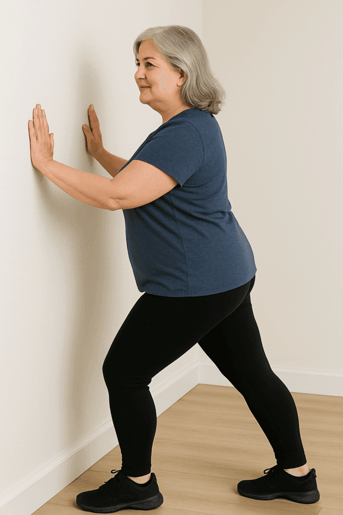 Middle-aged woman performing a wall push-up with hands shoulder-width apart, wearing a navy shirt and black leggings.