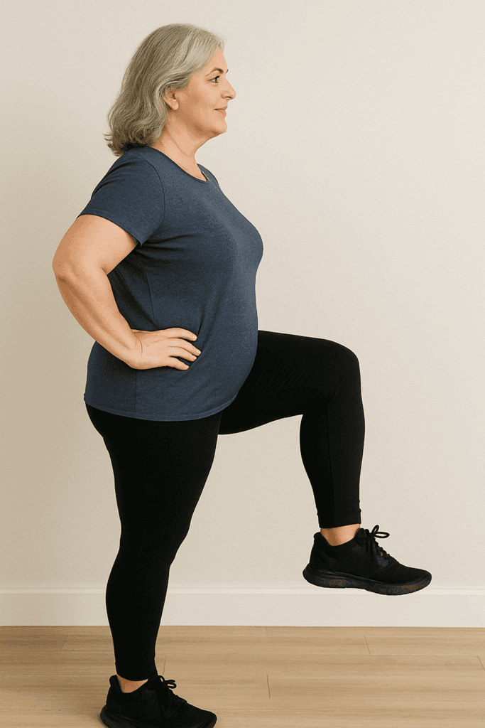 Middle-aged woman standing tall and lifting one leg forward for balance and strength, wearing a navy shirt and black leggings.