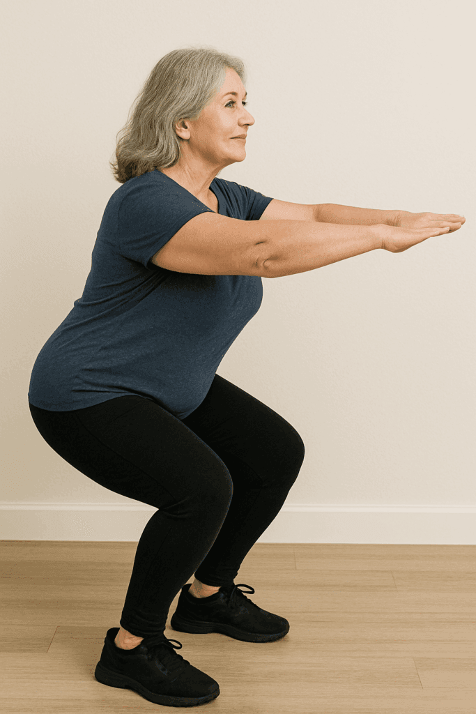 Middle-aged woman performing a bodyweight squat with arms extended forward, wearing a navy shirt and black leggings.