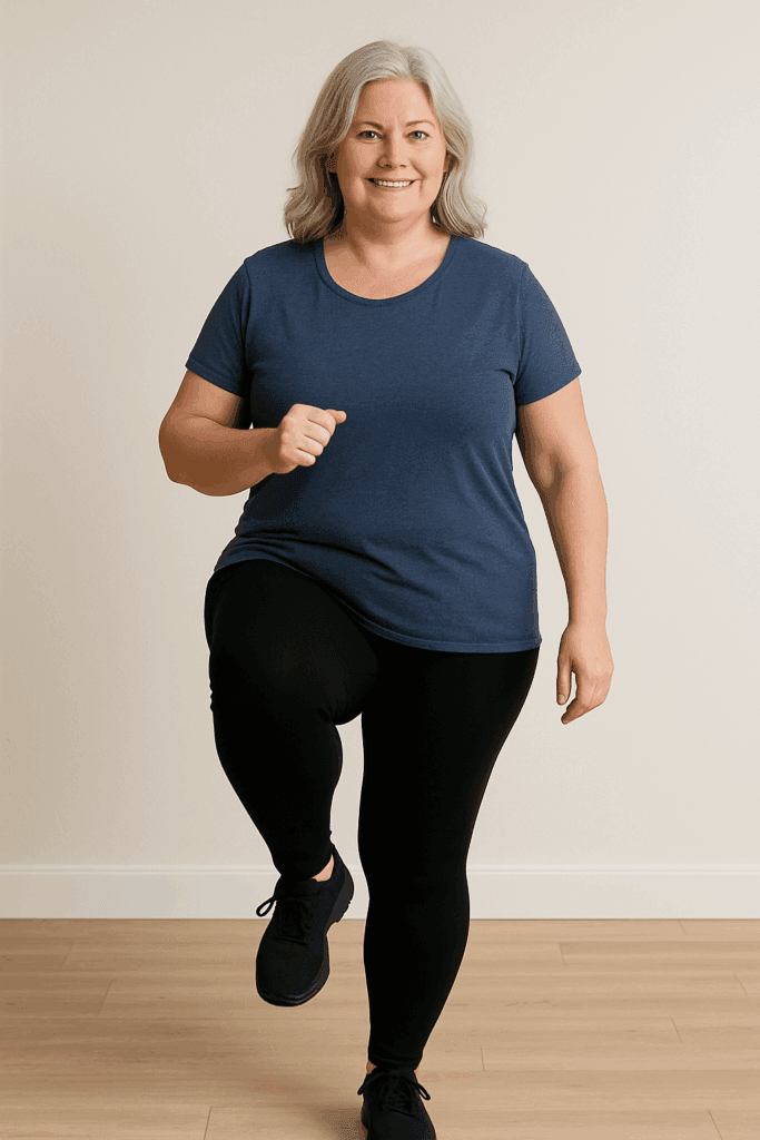 Middle-aged woman marching in place indoors in a relaxed workout pose, wearing a navy t-shirt and black leggings.