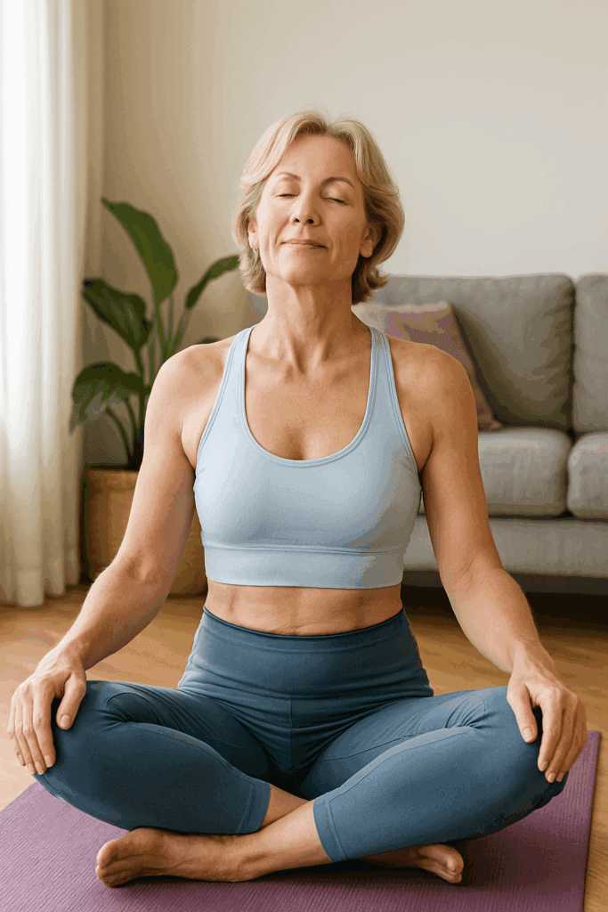 Woman sitting cross-legged on mat, eyes closed, shoulders relaxed as she rolls them back.