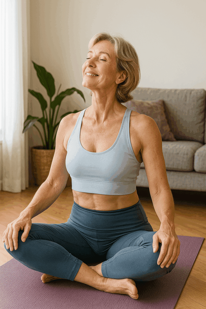 Woman seated cross-legged, chest lifted and smiling as she arches her back in Cow Pose.