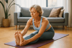 Middle-aged woman sitting with legs extended, reaching toward her toes in a forward fold.