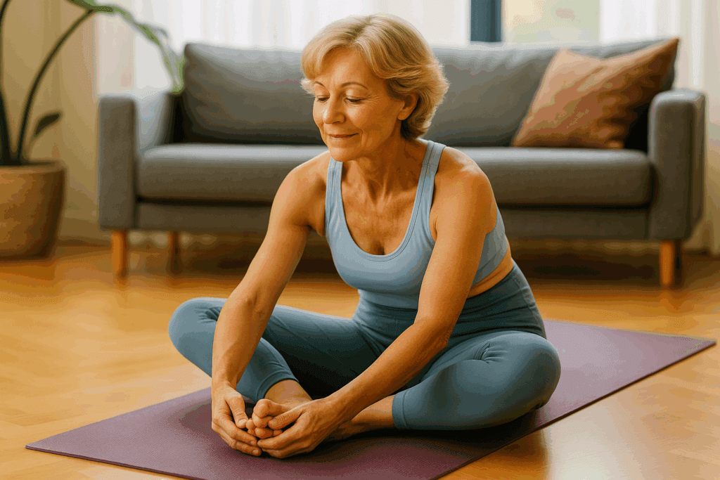 Woman seated upright on yoga mat, feet together, knees bent outward in Butterfly Pose.