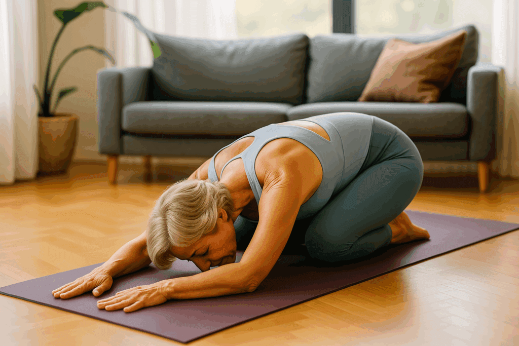 Middle-aged woman kneeling on yoga mat, arms stretched forward, forehead resting on the mat.
