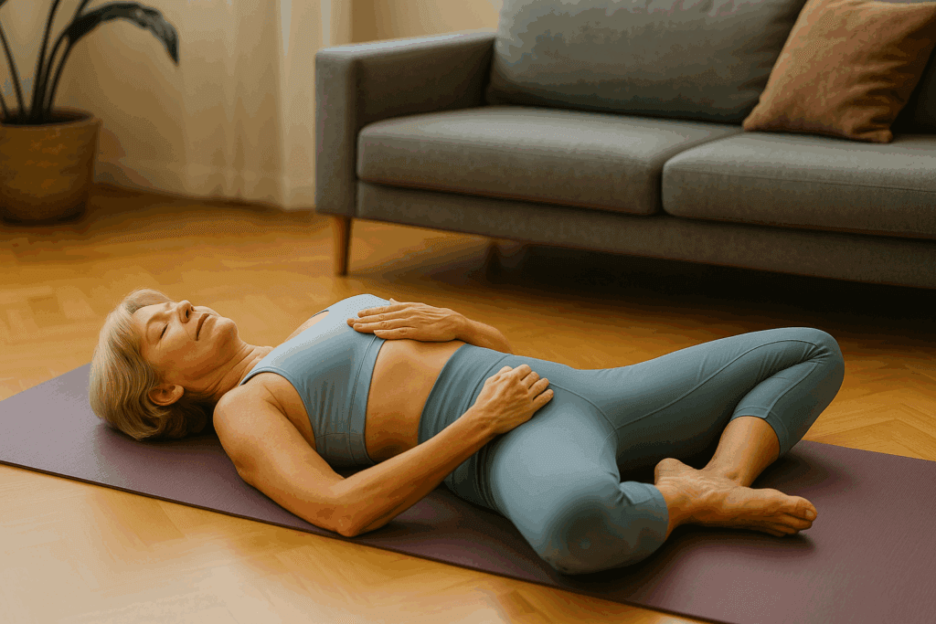 Woman lying on her back, soles of feet together, knees open, one hand on heart and one on belly.