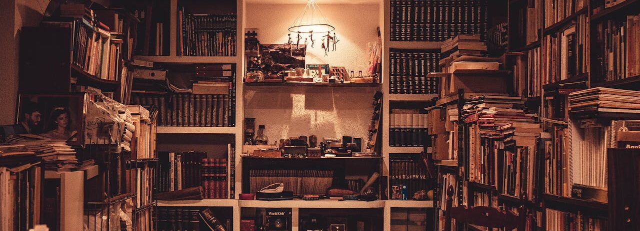 Warm cozy library with bookshelves filled with books, inviting atmosphere for reading and reflection