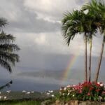 Rainbow over palm trees and calm turquoise water at Magens Bay in St. Thomas, U.S. Virgin Islands.