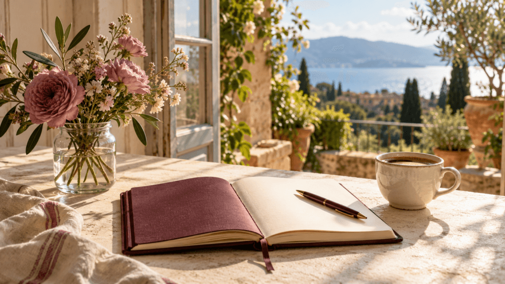 Open maroon journal, coffee and pink flowers on a sunlit table overlooking a coastal terrace.